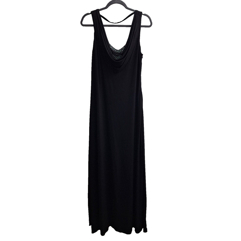 Calvin Klein Maxi Sleeveless Dress Size 12 Black Cowl Neck Embellished Stretch